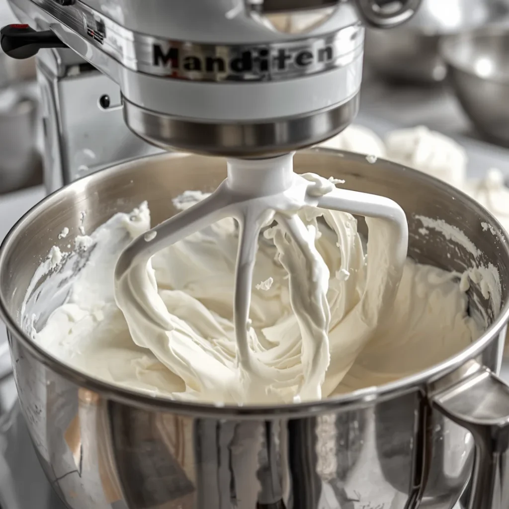 Batedeira planetária em funcionamento misturando um chantilly branco e espesso de aquafaba em ponto de neve firme