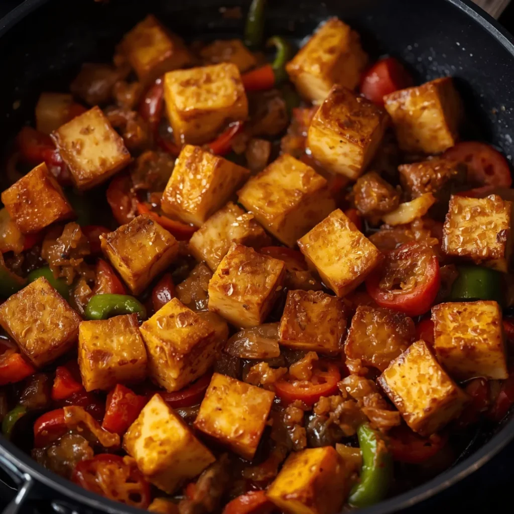 Cubos de tempeh fermentado sendo salteados em uma frigideira preta com um fio de óleo, exibindo uma crosta dourada