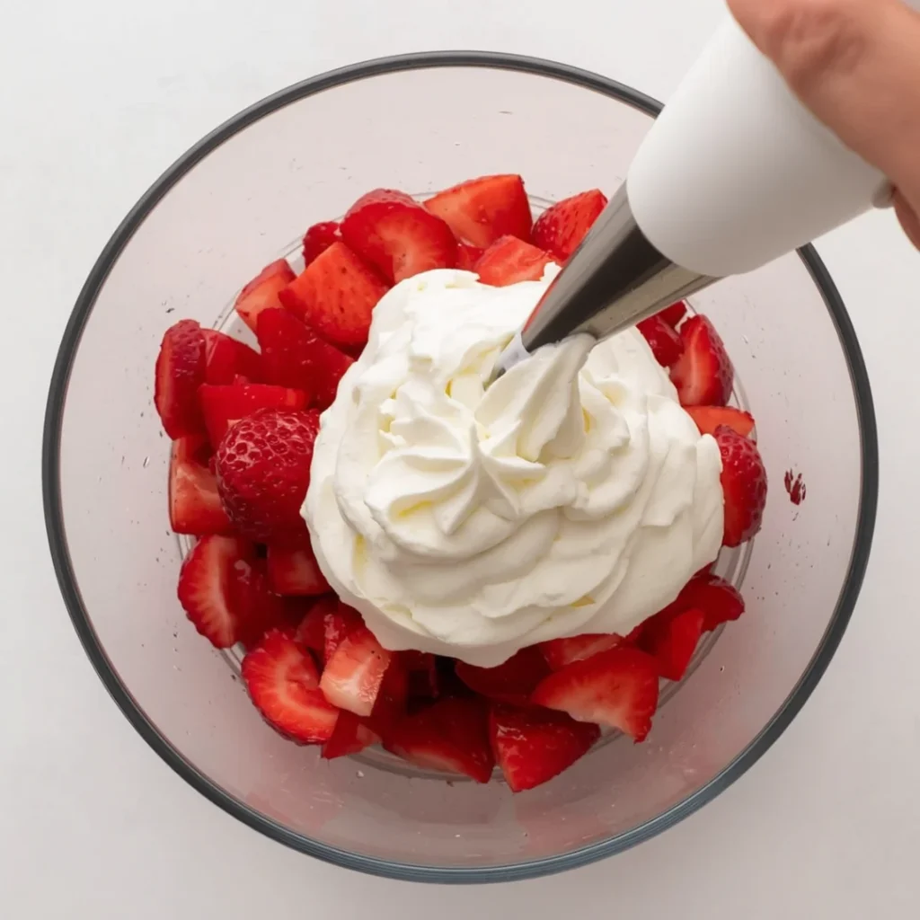 Taça de vidro com morangos picados cobertos por uma camada generosa de chantilly vegano de aquafaba aplicado com bico pitanga