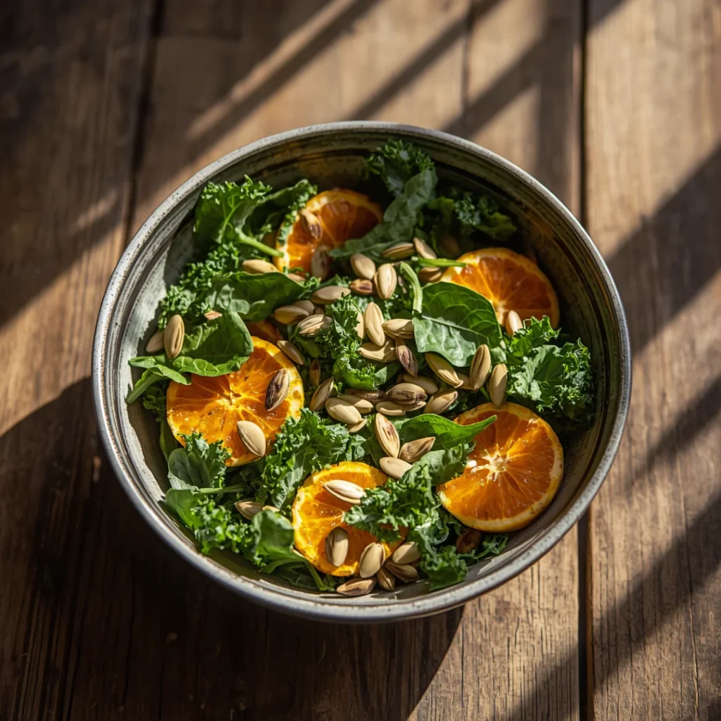 Tigela de salada com folhas de couve, espinafre, sementes de abóbora tostadas e fatias de laranja dispostas de forma organizada
