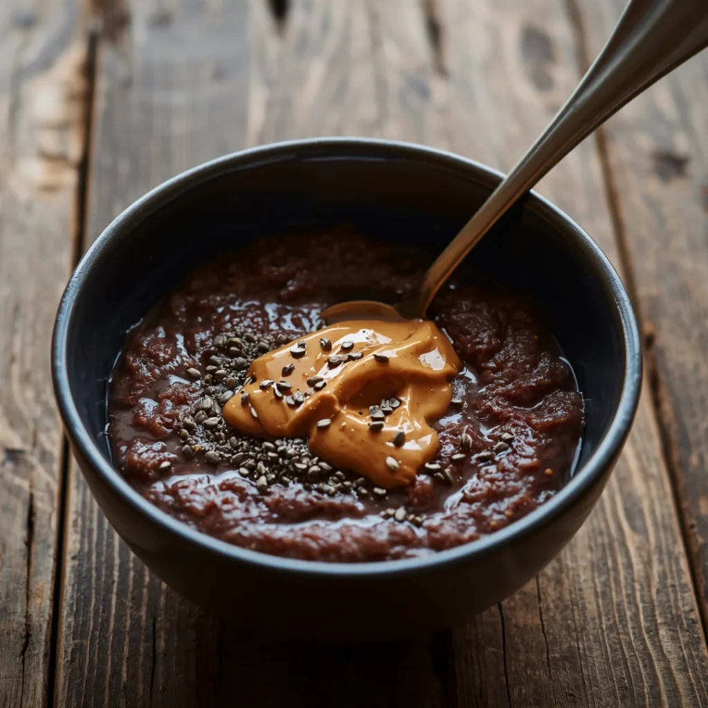 Uma tigela de cerâmica escura contendo mingau de aveia de chocolate escuro, finalizado com uma colherada de pasta de amendoim e sementes de chia